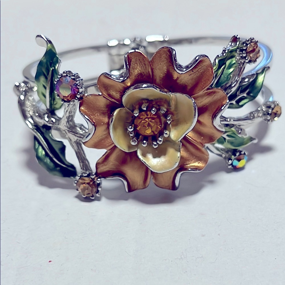Floral Enamel Bracelet with Gold and Green Accents, hinged cuff
